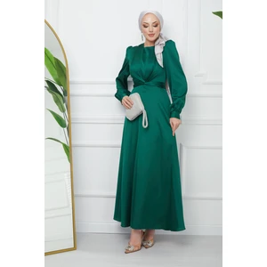Zümrüt Yeşili Bağlama Detaylı Saten Abiye