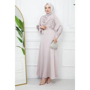 Gold Yaka Detaylı Kol Bağlamalı Saten Abiye