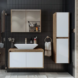 Banos Banyo Roomart tm7.3 Lavabolu Ahşap-Mat Beyaz Mdf 85 cm Banyo Dolabı+Aynalı Banyo Üst Dolap+Banyo Boy Dolabı