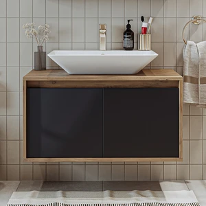 Banos Banyo Roomart Ld7 Ayaksız 2 Kapaklı Lavabolu Ahşap-Antrasit Mdf 85 cm Banyo Dolabı BANOS1706