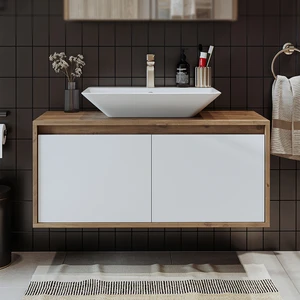 Banos Banyo Roomart Ld7 Ayaksız 2 Kapaklı Lavabolu Ahşap-Mat Beyaz Mdf 100 cm Banyo Dolabı
