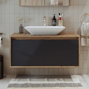 Banos Banyo Roomart Ld7 Ayaksız 2 Kapaklı Lavabolu Ahşap-Antrasit Mdf 100 cm Banyo Dolabı BANOS1703