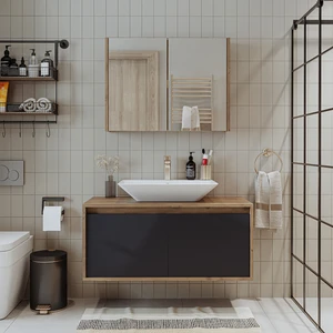 Banos Banyo Roomart Tm7.2 Lavabolu Ahşap-Antrasit Mdf 100 cm Banyo Dolabı + Aynalı Banyo Üst Dolabı BANOS1709