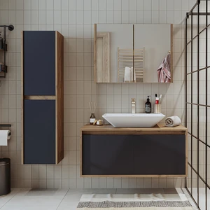 Roomarttm7.3 Lavabolu Ahşap-Antrasit Mdf 100CM Banyo Dolabı+Aynalı Banyo Üst Dolabı+Banyo Boy Dolabı
