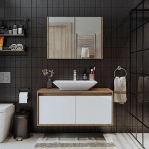 Banos Banyo Roomart Tm7.2 Ayaksız 2 Kapaklı Lavabolu Ahşap-Mat Beyaz Mdf 100 cm Banyo Dolabı + Aynalı Banyo Üst Dolabı