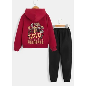Kids Face Özel Tasarım Kapüşonlu Love Yourself Baskılı Kışlık %100 Pamuk Kız Çocuk Eşofman Takımı