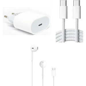 3in1 Iphone 15 Uyumlu PD35W Şarj Aleti - 6A 66W Type-C To Type-C Örgülü Kablo - Type-C Earpods Kablolu Kulaklık