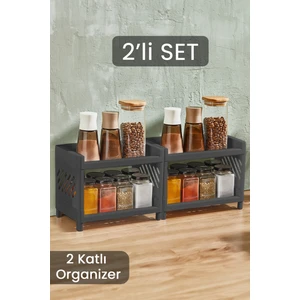 Meleni Home 2'li Çift Katlı Mutfak Tezgah Üstü Rafı Çok Amaçlı Dolap Içi Baharatlık Düzenleme Organizeri Antrasit