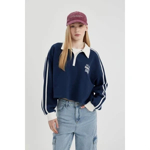 Coool Fermuarlı Polo Yaka Baskılı Crop Sweatshirt