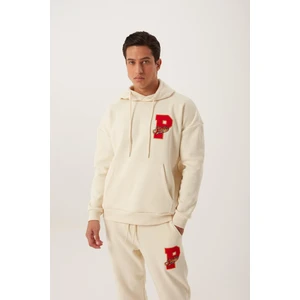 Polo State Erkek 3 İplik Pamuklu İçi Polarlı Oversize Nakışlı Kapüşonlu Kanguru Cepli Ekru Sweatshirt
