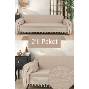 Miracolo Home Pamuklu Kolları Örten 310 cm Koltuk Kanepe Çekyat Örtüsü Önden Saçaklı Kaymaz Tasarım Çok Amaçlı Paket Içeriği 2 Adet-Bej