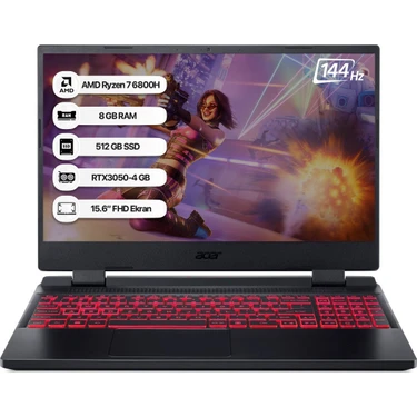 Acer Nitro 5 AN515-46 Amd Ryzen 7 6800H 8gb 512GB SSD RTX3050 Freedos 15.6" Fhd 144 Hz Taşınabilir