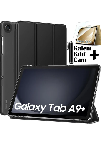 Samsung Galaxy Tab A9 Plus 11 Inç SM-X210 Tablet Kılıfı Akıllı Smart Uyku Modlu Katlanabilir Arkası Şeffaf Standlı Kılıf + Ekran Koruyucu Cam + Kalem 3'lü Set SM-X213 X215 X217