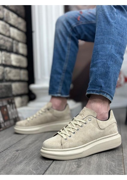 BA0547 Boa Kalın Yüksek Krem Taban Krem Süet Bağcıklı Spor Erkek Ayakkabı