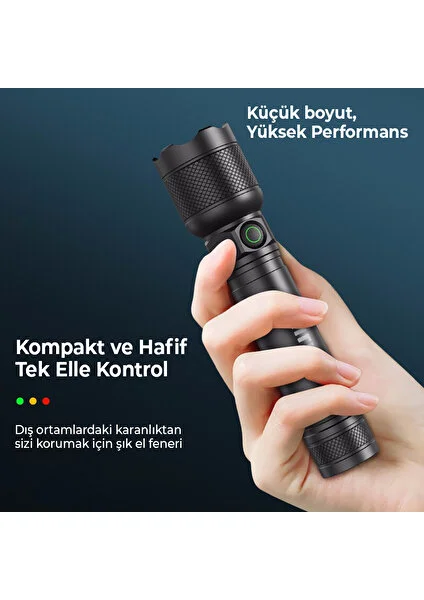 SFL2188/93 450 Lümen 200 Metre Menzilli IP55 Suya Dayanıklı 2200MAH Type-C Şarj Edilebilir LED El Feneri Siyah