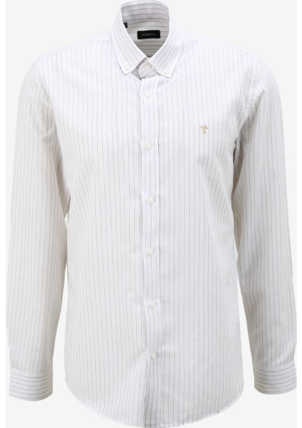 Regular Fit Düğmeli Yaka Çizgili Bej Erkek Gömlek FC4SM-GML 0287