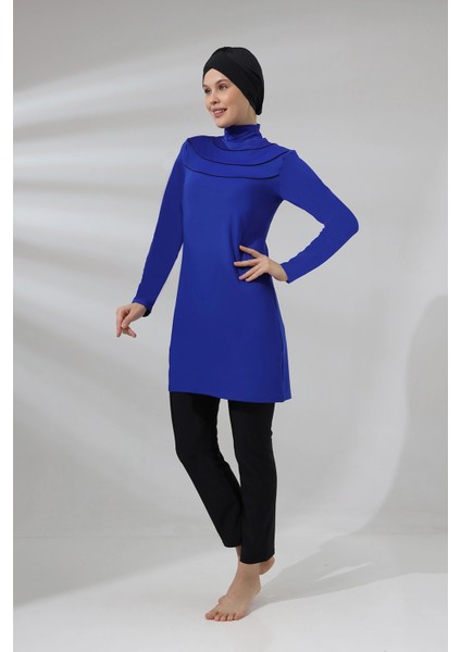 Kadın Tesettür Saks Mavi Boğazlı Uzun Kollu Tam Kapalı Taytlı Likralı Elbise Mayo HZL24S-AR1286-11