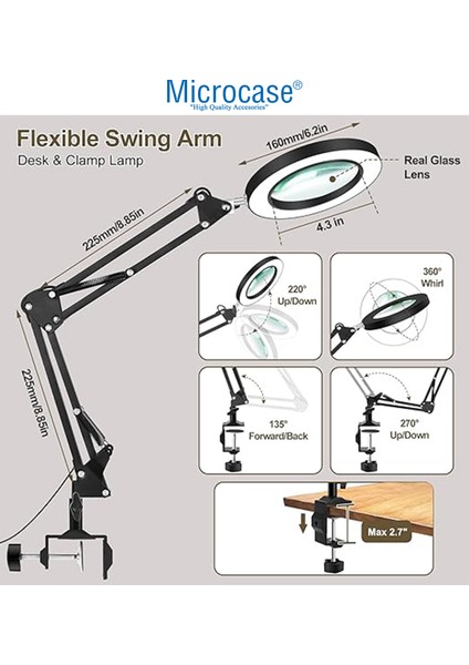 160 mm Kelepçeli 3 Işıklı LED 10X Büyütmeli Okuma Ince Işçilik Için Büyüteç Masa Lambası -AL4068