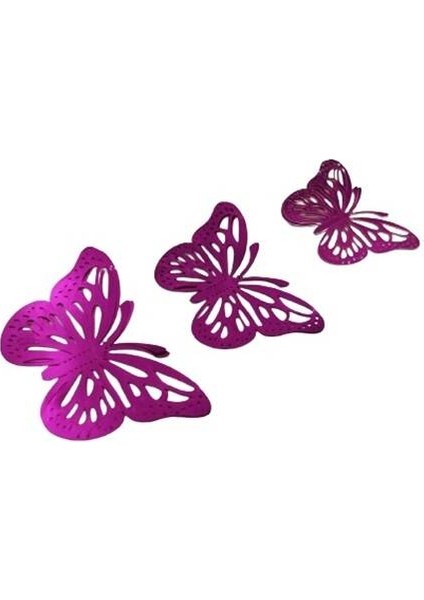 Dekoratif Kağıt Kelebek Balon Süsü Hologramlı Fuşya 3D 12 Adet