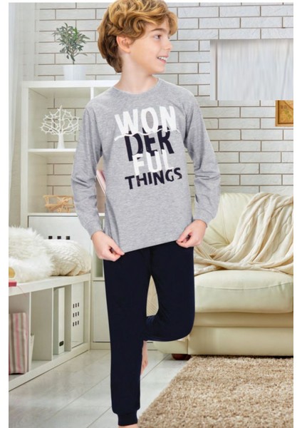 714U Erkek Çocuk Gri Uzun Kollu Pijama Takımı