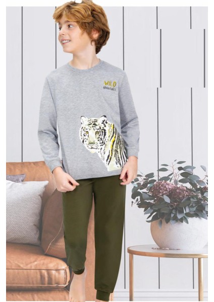 709U Erkek Çocuk Gri Uzun Kollu Pijama Takımı
