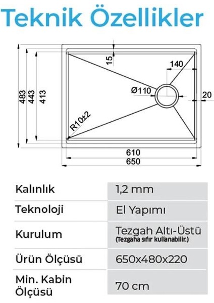 Vertice 650X480X220 Inoks Eviye