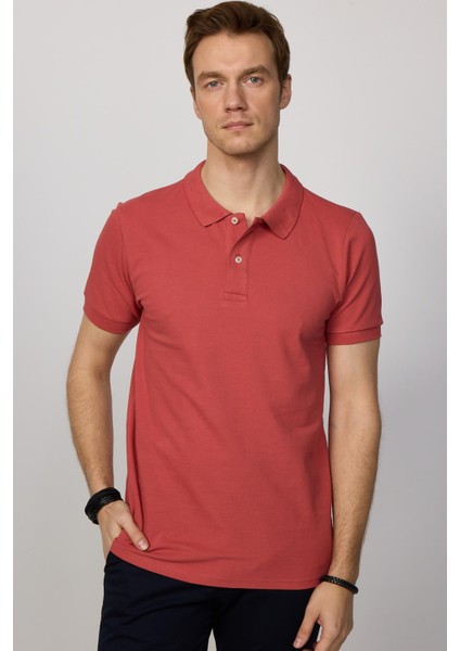 Slim Fit Dar Kesim Polo Yaka Turuncu Erkek T-Shirt