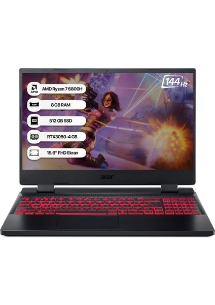 Nitro 5 AN515-46 Amd Ryzen 7 6800H 8gb 512GB SSD RTX3050 Freedos 15.6" Fhd 144 Hz Taşınabilir Bilgisayar NH.QGXEY.002