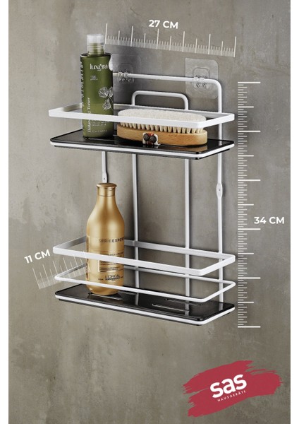 Yapışkanlı Ömür Boyu Paslanmaz Kristal Ayarlanabilir Raf Banyo Düzenleyici Şampuanlık Beyaz - Siyahlş-02 Bs modelleri