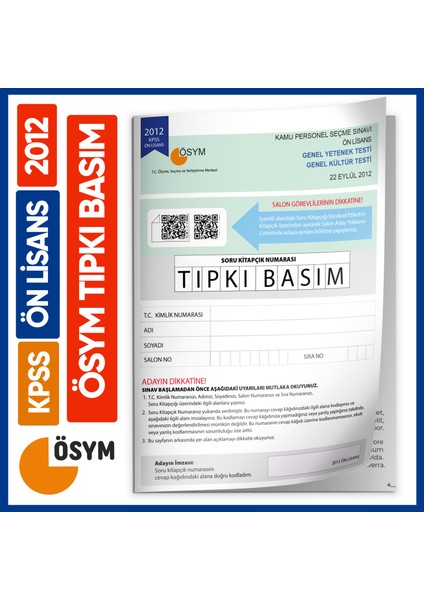 2012 KPSS Ön Lisans ÖSYM Çıkmış Soru Tıpkı Basım Kitapçığı