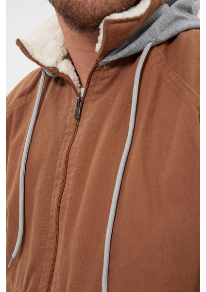 Unisex Jeanvibe Içi Kürklü Pamuklu Kapşonlu Kot Ceket Kahverengi fırsatları