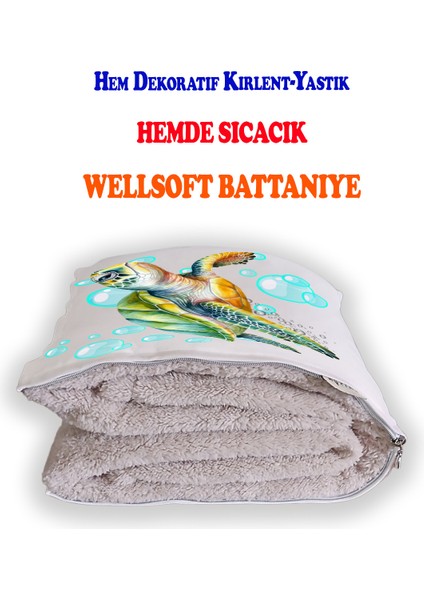 Caretta Baskılı Dekoratif Yastık Kırlent Opsiyonel Battaniye 2 In 1