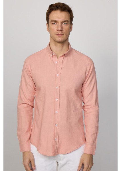 Slim Fit Uzun Kol Biyeli Yaka Düğmeli Keten Pudra Erkek Gömlek modelleri