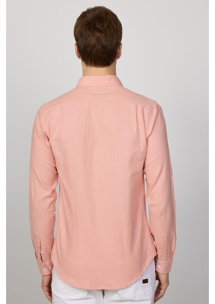 Slim Fit Uzun Kol Biyeli Yaka Düğmeli Keten Pudra Erkek Gömlek indirimleri