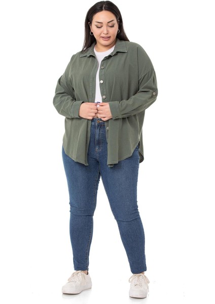 Büyük Beden Katlamalı Kollu Metal Düğmeli Haki Gömlek fiyatları