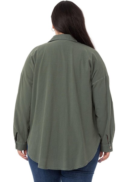 Büyük Beden Katlamalı Kollu Metal Düğmeli Haki Gömlek modelleri