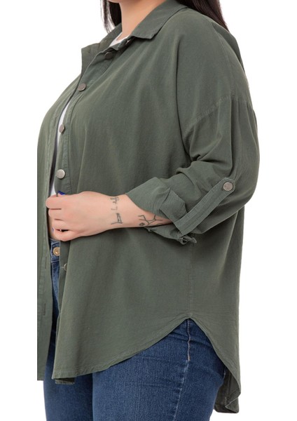 Büyük Beden Katlamalı Kollu Metal Düğmeli Haki Gömlek fırsatları