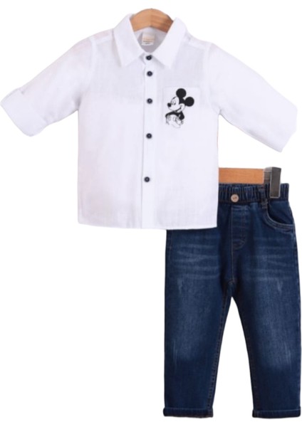Erkek Çocuk Mevsimlik Flamlı Mickey Baskılı Gömlek ve Kot Pantolon 2'li Alt Üst Takım