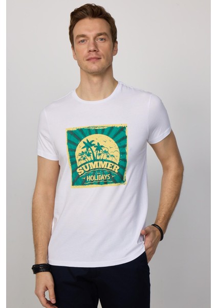 Erkek Bisiklet Yaka Slim Fit Pamuk Beyaz Baskılı Tişört
