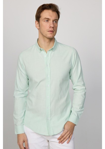Slim Fit Uzun Kol Biyeli Yaka Düğmeli Keten Mint Erkek Gömlek