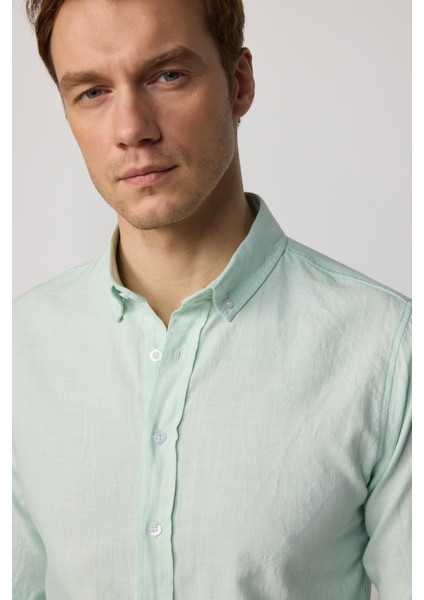 Slim Fit Uzun Kol Biyeli Yaka Düğmeli Keten Mint Erkek Gömlek fiyatları
