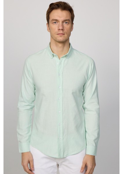Slim Fit Uzun Kol Biyeli Yaka Düğmeli Keten Mint Erkek Gömlek modelleri