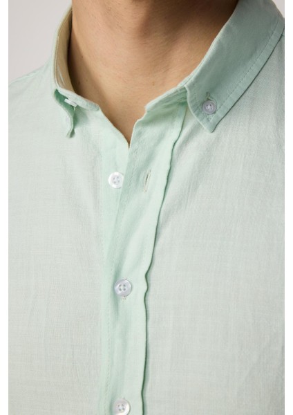 Slim Fit Uzun Kol Biyeli Yaka Düğmeli Keten Mint Erkek Gömlek fırsatları