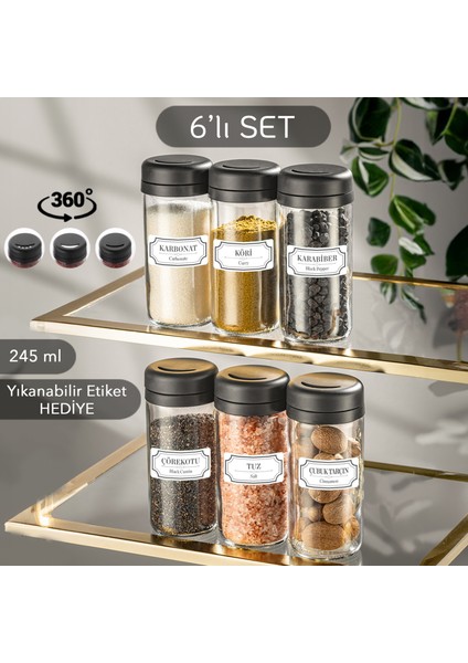 6 Adet Etiketli Cam Baharat Takımı - Döner Kapaklı Kavanoz Baharatlık Seti Tuzluk Biberlik 6X245 ml