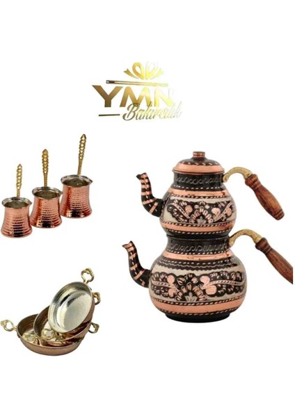 Bakır Özel Işlemeli Aile Boyu Çaydanlık Takımı & Cezve Seti , Üç Boy Tava Seti