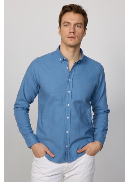 Slim Fit Uzun Kol Biyeli Yaka Düğmeli Keten Indigo Erkek Gömlek