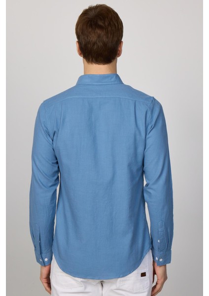 Slim Fit Uzun Kol Biyeli Yaka Düğmeli Keten Indigo Erkek Gömlek indirimleri