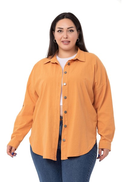Büyük Beden Katlamalı Kollu Metal Düğmeli Hardal Gömlek