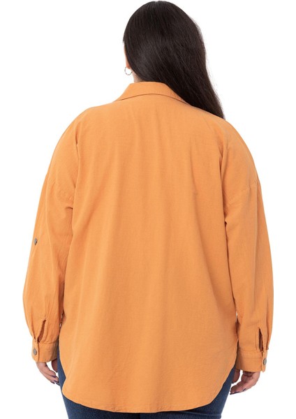 Büyük Beden Katlamalı Kollu Metal Düğmeli Hardal Gömlek modelleri