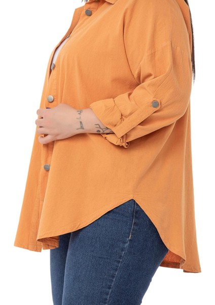 Büyük Beden Katlamalı Kollu Metal Düğmeli Hardal Gömlek fırsatları